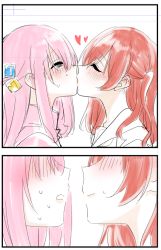 Rule 34 | 2girls, blouse, blue eyes, blush, bocchi the rock!, closed eyes, comic, commentary, cube hair ornament, gotoh hitori, hair between eyes, hair ornament, heart, jacket, kiss, kita ikuyo, lips, looking at another, medium hair, multiple girls, out of frame, painting (medium), pink hair, ponytail, red hair, shirt, side ponytail, silent comic, simple background, smile, sweat, sweatdrop, takeshisu, traditional media, upper body, watercolor (medium), white background, yuri