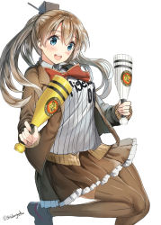Rule 34 | 10s, 1girl, :d, black footwear, blue eyes, brown hair, brown jacket, brown skirt, brown thighhighs, hanshin tigers, highres, jacket, kantai collection, kumano (kancolle), long hair, mizuta kenji, neck ribbon, nippon professional baseball, open mouth, pleated skirt, ponytail, red ribbon, ribbon, shoes, simple background, skirt, smile, solo, thighhighs, twitter username, white background