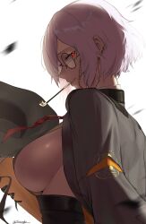 Rule 34 | 1girl, absurdres, black jacket, breasts, commentary request, earrings, from side, girls&#039; frontline, hat, highres, holding, holding clothes, holding hat, jacket, jacket on shoulders, jewelry, large breasts, looking at viewer, monocle, pink hair, pipe in mouth, red eyes, saturndxy, short hair, sideboob, smile, smoking pipe, solo, thompson (girls&#039; frontline), thompson (infernal hannya) (girls&#039; frontline), unworn hat, unworn headwear, upper body, white background