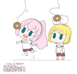 Rule 34 | 2girls, absurdres, aqua eyes, blonde hair, bow, character name, chibi, clothes writing, commentary, doughnut, expressionless, food, gym uniform, hair bow, hair ornament, hairband, hairclip, hatsune negame, highres, jumping, kagamine rin, long hair, lure, megurine luka, multiple girls, open mouth, pink hair, ponytail, red shorts, shirt, shorts, slouching, standing, swept bangs, vocaloid, white background, white bow, white shirt