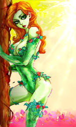Rule 34 | 1girl, against tree, bare shoulders, batman (series), bodysuit, breasts, chie (artist), cleavage, colored skin, covered navel, cowboy shot, dc comics, elbow gloves, flower, from side, gloves, green eyes, green gloves, green skin, green thighhighs, head tilt, large breasts, legs apart, leotard, light rays, lips, lipstick, long hair, makeup, monster girl, nature, open mouth, orange hair, pantyhose, plant girl, poison ivy, red hair, red lips, rose, solo, standing, sunbeam, sunlight, superhero costume, thighhighs, tree, wavy hair