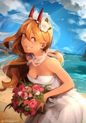 Rule 34 | 1girl, absurdres, bare shoulders, beach, blue sky, bouquet, breasts, bridal veil, chainsaw man, cloud, collarbone, commentary, cross-shaped pupils, day, dress, earrings, english commentary, flower, hair between eyes, highres, holding, horns, jewelry, khyle., leaning forward, long hair, looking at viewer, necklace, ocean, outdoors, patreon logo, patreon username, pearl necklace, power (chainsaw man), red eyes, ring, rose, sharp teeth, sky, small breasts, smile, solo, strapless, strapless dress, stud earrings, symbol-shaped pupils, teeth, veil, water, watermark, web address, wedding band, wedding dress, white dress, white flower, white rose