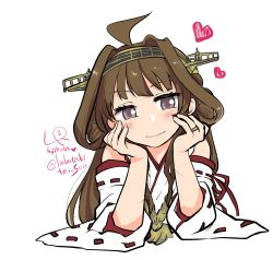 Rule 34 | 1girl, ahoge, brown eyes, brown hair, detached sleeves, double bun, hair bun, hairband, hands on own face, heart, highres, japanese clothes, jewelry, kantai collection, kongou (kancolle), long hair, looking at viewer, lr hijikata, ribbon-trimmed sleeves, ribbon trim, ring, signature, smile, solo, twitter username, upper body, wedding band