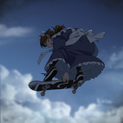 Rule 34 | 1girl, apron, brown hair, highres, maid, maid apron, maid headdress, original, ponytail, shoes, skateboard, skateboarding, sky, sneakers, solo, suzushiro (suzushiro333)