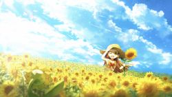 Rule 34 | 1girl, ;d, aged down, blue sky, blurry, brown eyes, brown hair, commentary request, creatures (company), day, depth of field, dress, field, flower, flower field, game freak, gen 2 pokemon, gym leader, hand on headwear, hand up, hat, highres, holding, holding flower, jasmine (pokemon), long hair, nintendo, odd one out, one eye closed, open mouth, pokemon, pokemon (creature), pokemon hgss, red ribbon, ribbon, ribero, sky, sleeveless, smile, straw hat, summer, sunflora, sunflower, sunflower field, when you see it