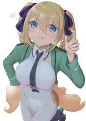 Rule 34 | 1girl, :t, absurdres, angelina kudou shields, blonde hair, blue eyes, blush, breasts, covered navel, green jacket, hair between eyes, hand on own hip, highres, jacket, long hair, looking at viewer, mahouka koukou no rettousei, necktie, purple ribbon, ribbon, solo, squiggle, standing, standing on one leg, twintails, umirororo