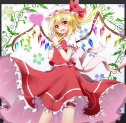 Rule 34 | 1girl, :d, blonde hair, blush, cowboy shot, fang, flandre scarlet, hat, heart, bridal garter, long hair, looking at viewer, open mouth, red eyes, red skirt, side ponytail, skirt, smile, solo, touhou, wings, wrist cuffs, ymd (holudoun)