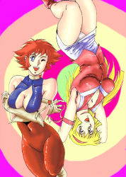 Rule 34 | 2girls, blonde hair, blue eyes, breasts, choker, cleavage, covered navel, cutie honey, cutie honey (character), gloves, groin, hairband, heart, kisaragi honey, long hair, looking at viewer, magical girl, multiple girls, open mouth, red hair, retro artstyle, rx92, short hair, smile