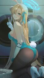 Rule 34 | 1girl, absurdly long hair, animal ears, artist name, ass, asuna (blue archive), asuna (bunny) (blue archive), asymmetrical bangs, backless leotard, bare shoulders, blue archive, blue eyes, blue halo, blue leotard, blue ribbon, breasts, brown pantyhose, commentary request, detached collar, elbow gloves, eyes visible through hair, fake animal ears, fake tail, gloves, hair over one eye, hair ribbon, halo, high heels, highleg, highleg leotard, highres, indoors, kneeling, large breasts, laundry basket, leotard, light brown hair, long hair, looking at viewer, mysoda, official alternate costume, pantyhose, parted lips, playboy bunny, pumps, rabbit ears, rabbit tail, ribbon, sideboob, smile, solo, tail, thighband pantyhose, v, very long hair, washing machine, white gloves
