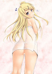 Rule 34 | 10s, 1girl, ass, blonde hair, blush, censored, cleft of venus, from behind, grey eyes, hair bun, hair ornament, hairclip, highres, kin-iro mosaic, kujou karen, long hair, looking at viewer, naked towel, open mouth, pussy, ruschuto, see-through, side ponytail, single hair bun, solo, towel, wet, x hair ornament