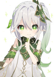Rule 34 | 1girl, absurdres, buran buta, child, closed mouth, detached sleeves, dress, finger to cheek, flower-shaped pupils, genshin impact, green eyes, green hair, high side ponytail, highres, looking at viewer, nahida (genshin impact), pointy ears, smile, solo, symbol-shaped pupils, white background, white hair
