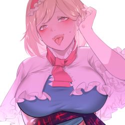 Rule 34 | 1girl, alice margatroid, arm under breasts, blonde hair, blue dress, blush, bois de justice, breasts, capelet, commentary request, cookie (touhou), dies irae, dress, frilled capelet, frilled hairband, frilled necktie, frills, hairband, hinase (cookie), jiyu (jiyusi), large breasts, looking at viewer, necktie, open mouth, pink eyes, red hairband, red necktie, shinza bansho series, short hair, simple background, smile, solo, tongue, tongue out, touhou, upper body, white background, white capelet