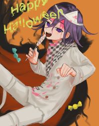 Rule 34 | 1boy, blood, blood on clothes, blood on face, candy, cape, checkered clothes, checkered neckwear, checkered scarf, danganronpa (series), danganronpa v3: killing harmony, food, hair between eyes, happy halloween, highres, holding, holding candy, holding food, holding lollipop, lollipop, long sleeves, male focus, open mouth, orange background, oma kokichi, pink blood, purple eyes, purple hair, renshu usodayo, scarf, simple background, solo, straitjacket, tongue, triangular headpiece