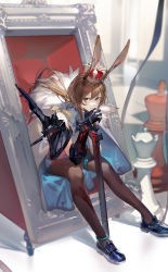 Rule 34 | 1girl, amiya (arknights), amiya (guard) (arknights), animal ears, arknights, bishop (chess), blue eyes, blue footwear, blurry, blurry background, brown hair, brown pantyhose, cape, chess piece, commentary, crown, full body, fur-trimmed cape, fur trim, hands up, highres, holding, holding sword, holding weapon, king (chess), kumatangent, long hair, looking at viewer, mechanical arms, official alternate costume, own hands clasped, own hands together, pantyhose, parted lips, picture frame, rabbit ears, shoes, single mechanical arm, sitting, solo, sword, thigh strap, weapon, white cape