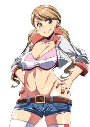 Rule 34 | 1girl, belt, brown hair, commentary request, cropped jacket, earrings, covered erect nipples, green eyes, gundam, gundam tekketsu no orphans, hands on own hips, jewelry, lafter frankland, nail polish, satsuki imonet, short shorts, shorts, smile, sports bra, thighhighs, twintails, white background