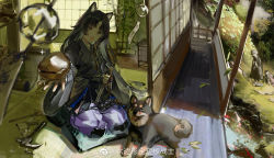 Rule 34 | 1girl, animal ear fluff, animal ears, arknights, bamboo, bead necklace, beads, black hair, black kimono, blurry, blurry foreground, braid, brown eyes, cushion, day, dog, dog ears, facial mark, falling leaves, fang, food, forehead mark, grass, hammer, highres, holding, holding food, incoming food, japanese clothes, jewelry, kimono, knee pads, leaf, long hair, long sleeves, necklace, neriash, open mouth, pants, purple pants, ribbon braid, saga (arknights), seiza, shelf, shouji, side braid, sitting, skin fang, sliding doors, solo, sparkle, tatami, veranda, weibo logo, weibo watermark, wind chime