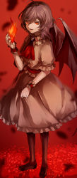 Rule 34 | 1girl, ascot, bat wings, black legwear, blood, blood splatter, brooch, dress, eredhen, fang, fire, fire, full body, highres, jewelry, light purple hair, looking at viewer, md5 mismatch, no headwear, open mouth, pink dress, puffy short sleeves, puffy sleeves, red eyes, remilia scarlet, resolution mismatch, short sleeves, slit pupils, solo, source larger, touhou, wings, wrist cuffs