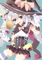 Rule 34 | 1girl, :d, absurdres, arm up, blue eyes, blush, brown capelet, brown hat, brown skirt, capelet, commentary request, fate/grand order, fate (series), flower, fork, gloves, green background, hair between eyes, hair flower, hair ornament, hand up, hat, highres, holding, holding fork, long hair, marie antoinette (fate), nekoyanagi (azelsynn), open mouth, pink flower, pink rose, pleated skirt, rose, shirt, sidelocks, silver hair, simple background, skirt, smile, solo, striped clothes, striped thighhighs, thighhighs, twintails, underbust, very long hair, white gloves, white shirt, witch hat