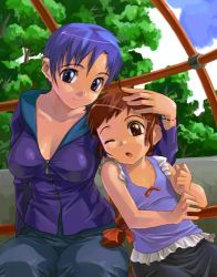 Rule 34 | 2girls, age difference, blue hair, blush, breasts, brown hair, casual, child, cleavage, denim, jeans, large breasts, long hair, lowres, mature female, mother and daughter, multiple girls, original, pants, purple hair, satou toshiyuki, size difference, smile