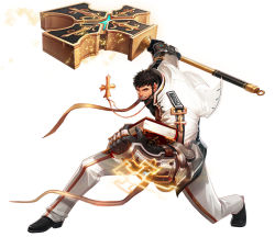 Rule 34 | 1boy, beard, black footwear, black shirt, book, brown eyes, brown hair, cross, cross necklace, dungeon and fighter, facial hair, full body, gauntlets, hammer, jacket, jewelry, kang nk, male focus, male priest (dungeon and fighter), muscular, muscular male, necklace, pants, shirt, short hair, shrug (clothing), simple background, solo, spiked hair, vambraces, weapon, white background, white pants