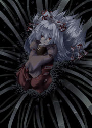 Rule 34 | 1girl, bamboo, bamboo forest, dark, female focus, forest, from above, fujiwara no mokou, kokono coco, long hair, long sleeves, looking at viewer, looking up, nature, ofuda, pale skin, pants, red eyes, silver hair, solo, suspenders, touhou, very long hair