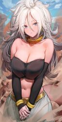 Rule 34 | 1girl, absurdres, android 21, black nails, black tube top, bracelet, breasts, cleavage, colored sclera, colored skin, detached sleeves, dragon ball, dragon ball fighterz, earrings, harem pants, highres, hoop earrings, huge breasts, jewelry, large breasts, long hair, looking at viewer, majin android 21, marse (rokudaime), navel, pants, pink skin, pointy ears, red eyes, solo, strapless, tail, tube top, white hair