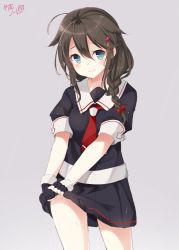 Rule 34 | 10s, 1girl, ahoge, artist name, bad id, bad twitter id, black hair, blue eyes, bow, braid, fingerless gloves, gloves, hair between eyes, hair bow, hair flaps, hair ornament, hair over shoulder, kantai collection, long hair, looking at viewer, neckerchief, pleated skirt, red neckerchief, school uniform, serafuku, shigure (kancolle), shigure kai ni (kancolle), short sleeves, simple background, single braid, skirt, smile, solo, takehana note, wet, wet clothes, wet hair, wringing clothes