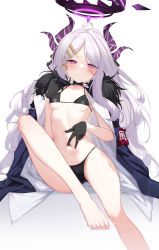 Rule 34 | 1girl, absurdres, ahoge, ass, bare legs, barefoot, bikini, black bikini, black choker, black coat, black gloves, blue archive, breasts, cameltoe, choker, closed mouth, coat, coat on shoulders, demon horns, feet, fur trim, gloves, hair ornament, hairclip, halo, halterneck, hand on own stomach, highres, hina (blue archive), horns, knee up, long hair, long sleeves, looking at viewer, navel, open clothes, open coat, pink eyes, simple background, small breasts, solo, spread navel, stomach, string bikini, swimsuit, thighs, toes, topu, v-shaped eyebrows, very long hair, white background, white hair