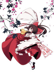 Rule 34 | 1girl, blurry, bow, brown hair, dancing, depth of field, detached sleeves, female focus, flower, foreshortening, full body, hair bow, hakurei reimu, japanese clothes, long hair, miko, nikka (cryptomeria), ofuda, outstretched arms, plant, red eyes, smile, solo, spread arms, touhou, tsurime, white background