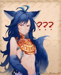 1girl absurdres animal_ear_fluff animal_ears blue_hair breasts dark_background fenrir_(shingeki_no_bahamut) fenrir_bluewolf granblue_fantasy highres long_hair non-web_source nude red_eyes shingeki_no_bahamut small_breasts solo tail wolf_ears wolf_girl wolf_paws wolf_tail