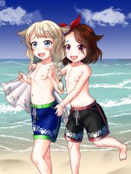 Rule 34 | 2girls, artist request, barefoot, beach, beach towel, black male swimwear, black swim trunks, blonde hair, blue eyes, blue male swimwear, blue sky, blue swim trunks, blush, breasts, brown hair, character request, cloud, copyright name, day, drawstring, embarrassed, feet, feet out of frame, female focus, floral print, foot out of frame, hibiscus print, highres, holding, holding towel, leaf print, male swimwear, male swimwear challenge, medium hair, multiple girls, nipples, ocean, open mouth, outdoors, print male swimwear, print swim trunks, print towel, purple eyes, sand, sky, small breasts, source request, standing, swim trunks, swimsuit, tears, topless, towel, walking, water