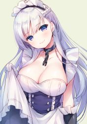 Rule 34 | 1girl, apron, apron hold, azur lane, belfast (azur lane), blue dress, blush, braid, breasts, broken, broken chain, chain, cleavage, closed mouth, collarbone, commentary request, dress, elbow gloves, frilled apron, frills, gloves, green background, hair between eyes, head tilt, highres, large breasts, long hair, maid headdress, silver hair, simple background, sleeveless, sleeveless dress, smile, solo, usashiro mani, very long hair, white apron, white gloves