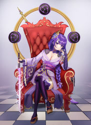 Rule 34 | 1girl, absurdres, armor, blush, braid, breasts, bridal gauntlets, checkered floor, cleavage, closed mouth, coattails, commentary request, crossed legs, electricity, floral print, flower, full body, genshin impact, geta, hair ornament, highres, holding, holding sword, holding weapon, huge filesize, japanese clothes, kimono, large breasts, long hair, long sleeves, looking at viewer, mitsudomoe (shape), mole, mole under eye, nail polish, obi, obiage, obijime, purple eyes, purple flower, purple hair, purple nails, purple thighhighs, raiden shogun, ribbon, sash, shoulder armor, sitting, solo, sword, tassel, thighhighs, throne, tomoe (symbol), weapon, whoing x2, wide sleeves