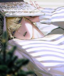 Rule 34 | 1boy, arm up, blonde hair, blurry, blurry foreground, book, book on head, commentary, english commentary, eyelashes, hair between eyes, highres, long sleeves, looking at viewer, lying, male focus, mole, mole on neck, nijisanji, nijisanji en, object on head, on back, open book, open mouth, pearl (pe4rrrrrl), purple eyes, short hair, sleeves past wrists, solo, sonny brisko, sweater, teeth, upper body, upper teeth only, virtual youtuber, white sweater