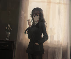 Rule 34 | 1girl, between fingers, black hair, black jacket, black pantyhose, blue eyes, breasts, character request, chihuri, cigarette, commentary request, cowboy shot, curtains, elizabeth f. beurling, fingernails, flower, hair between eyes, hand in pocket, hand up, highres, holding, holding cigarette, indoors, jacket, long hair, long sleeves, medium breasts, pantyhose, parted lips, shirt, solo, standing, strike witches, transparent, vase, white flower, white shirt, world witches series