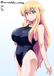 Rule 34 | 1girl, black one-piece swimsuit, blonde hair, blue background, blue eyes, breasts, closed mouth, commentary request, covered navel, cowboy shot, dated, elf, gradient background, hand on own hip, large breasts, long hair, looking at viewer, multicolored background, nafta, one-piece swimsuit, pointy ears, shiny skin, simple background, smile, solo, standing, swimsuit, tiffania westwood, twitter username, very long hair, wet, white background, zero no tsukaima