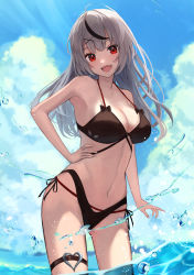 Rule 34 | 1girl, :d, absurdres, bikini, black bikini, black hair, blush, braid, breasts, cleavage, commentary request, day, fang, grey hair, hair ornament, highres, hololive, large breasts, looking at viewer, multicolored hair, navel, ocean, open mouth, outdoors, red eyes, sakamata chloe, smile, solo, streaked hair, swimsuit, virtual youtuber, wading, water, x hair ornament, xyunx