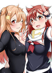 Rule 34 | 2girls, asymmetrical clothes, black serafuku, black skirt, brown eyes, brown hair, commentary request, cosplay, gradient hair, hair flaps, heterochromia, kantai collection, light brown hair, long hair, looking at viewer, multicolored hair, multiple girls, murasame (kancolle), murasame kai ni (kancolle), neckerchief, pleated skirt, red eyes, red neckerchief, rikkii (likito yuzu is), sailor collar, salute, scarf, school uniform, serafuku, shiratsuyu (kancolle), shiratsuyu kai ni (kancolle), simple background, skirt, two side up, upper body, white background, white sailor collar, white scarf, yuudachi (kancolle), yuudachi (kancolle) (cosplay), yuudachi kai ni (kancolle), yuudachi kai ni (kancolle) (cosplay)
