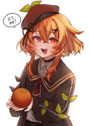 Rule 34 | + +, 1girl, :d, black choker, black coat, bright pupils, choker, coat, collared shirt, commentary, english commentary, english text, food, fruit, hair ornament, hairclip, highres, holding, holding food, holding fruit, indie virtual youtuber, kaheru (vtuber), long sleeves, looking at viewer, medium hair, necktie, open clothes, open coat, open mouth, orange (fruit), orange hair, red eyes, red necktie, shirt, sidelocks, simple background, smile, solo, temachii, virtual youtuber, white background, white pupils, white shirt, wing collar, x hair ornament