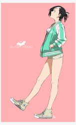 Rule 34 | 1girl, absurdres, blouse, ear piercing, from side, full body, hands in pockets, highres, jacket, kamezaemon, multicolored hair, open clothes, open jacket, original, piercing, shirt, short shorts, shorts, simple background, solo, standing, standing on one leg, white shirt