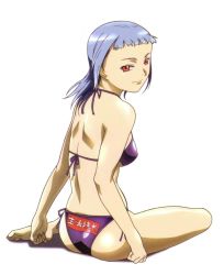 Rule 34 | 00s, 1girl, ass, back, bikini, blue hair, blunt bangs, breasts, clenched hands, closed mouth, clothes writing, from side, full body, highres, hisayuki hirokazu, light smile, looking at viewer, looking back, miyu greer, my-hime, official art, purple bikini, red eyes, scan, shadow, shiny skin, side-tie bikini bottom, sideboob, silver hair, simple background, sitting, skindentation, smile, solo, string bikini, swimsuit, translated, underboob, white background
