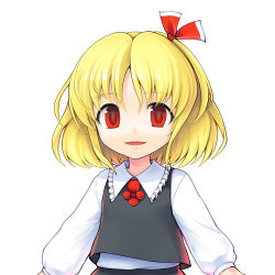 Rule 34 | 1girl, blonde hair, blouse, ebizome, hair ribbon, highres, long sleeves, looking at viewer, parted lips, red eyes, ribbon, rumia, shirt, short hair, simple background, smile, solo, touhou, upper body, vest, white background