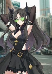 Rule 34 | 1girl, absurdres, armpits, arms up, belt, belt buckle, black hair, blurry, blurry background, breasts, buckle, changpan hutao, city, cleavage, commentary request, cowboy shot, earrings, elbow gloves, fate/stay night, fate (series), gloves, green-tinted eyewear, green-tinted glasses, hair between eyes, highres, jewelry, long hair, looking at viewer, medium breasts, outdoors, skirt, sleeveless, solo, standing, sunglasses, thighhighs, tinted eyewear, tohsaka rin, twintails