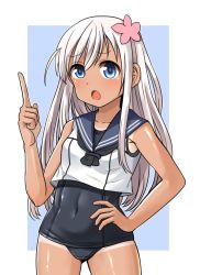 Rule 34 | 1girl, bad id, bad pixiv id, blonde hair, blue eyes, blue sailor collar, contrapposto, cowboy shot, crop top, flower, hair flower, hair ornament, hand on own hip, highres, index finger raised, kantai collection, long hair, one-piece swimsuit, one-piece tan, open mouth, ro-500 (kancolle), sailor collar, school swimsuit, solo, standing, swimsuit, swimsuit under clothes, tan, tanline, yong-gok