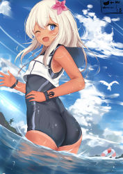 Rule 34 | 10s, 1girl, absurdres, blue eyes, flower, hair ornament, highres, kantai collection, lifebuoy, long hair, one eye closed, ro-500 (kancolle), silver hair, slm, smile, solo, swim ring, swimsuit, tan, tanline