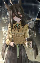 Rule 34 | 1girl, absurdres, ahoge, animal ears, belt, black neck ribbon, black ribbon, black skirt, brown shirt, buttons, coffee cup, cup, disposable cup, ear tag, green belt, green nails, hair between eyes, highres, holding, holding cup, holding umbrella, horse ears, horse girl, long hair, long sleeves, looking at viewer, manhattan cafe (umamusume), multicolored hair, nail polish, neck ribbon, plaid, plaid skirt, puffy long sleeves, puffy sleeves, rain, ribbon, shirt, skirt, smile, solo, streaked hair, transparent, transparent umbrella, umamusume, umbrella, very long hair, yami anko, yellow eyes, yellow shirt