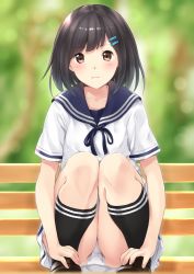 Rule 34 | 1girl, :|, arm rest, bashosho, bench, black footwear, black hair, black socks, blouse, blue ribbon, blurry, blurry background, brown eyes, closed mouth, commentary request, crotch seam, depth of field, full body, hair ornament, hairclip, highres, loafers, looking at viewer, neck ribbon, original, panties, pantyshot, park bench, ribbon, school uniform, serafuku, shirt, shoes, short hair, short sleeves, socks, solo, squatting, striped clothes, striped socks, underwear, white panties, white shirt