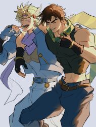 Rule 34 | 2boys, ^ ^, arm around shoulder, armor, bare shoulders, battle tendency, blonde hair, blue jacket, breastplate, brown hair, caesar anthonio zeppeli, closed eyes, denim, facial mark, feather hair ornament, feathers, fingerless gloves, gloves, green scarf, hair ornament, headband, highres, jacket, jeans, jojo no kimyou na bouken, joseph joestar, joseph joestar (young), laughing, male focus, midriff, multiple boys, muscular, pants, pink scarf, scarf, striped clothes, striped scarf, sugikahunkiena, triangle pasties