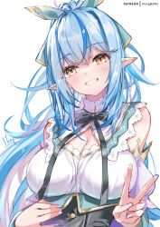 Rule 34 | 1girl, ahoge, bare shoulders, blue hair, blush, breasts, cleavage, elf, heart, heart ahoge, highres, hololive, hong (white spider), large breasts, long hair, long sleeves, looking at viewer, multicolored hair, pointy ears, smile, solo, streaked hair, virtual youtuber, yellow eyes, yukihana lamy
