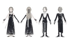 Rule 34 | 1boy, 1girl, :|, a-pose, absurdres, alternate costume, bare shoulders, belt, black dress, black footwear, black gloves, black hairband, black jacket, black pants, black ribbon, blonde hair, braid, character sheet, choker, closed mouth, coattails, collared shirt, dress, dress shoes, earrings, elbow gloves, empire waist, evening gown, expressionless, french braid, fringe trim, full body, gloves, green eyes, hair ribbon, hairband, half updo, harry potter: magic awakened, harry potter: magic awakened design award, harry potter (series), high heels, highres, holding, holding wand, jacket, jewelry, lightning bolt print, long dress, long hair, long sleeves, looking at viewer, meru02295238, multiple views, pants, ribbon, shirt, short hair, simple background, single-shoulder dress, single glove, sleeves past wrists, standing, straight-on, swept bangs, turnaround, wand, white background, white belt, white choker, white shirt, wrist ribbon